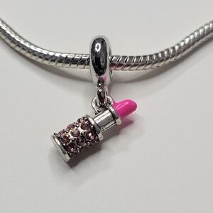 New! For Pandora Charm Bracelet Hot Pink Lipstick Case Dangle Charm Rhinestones